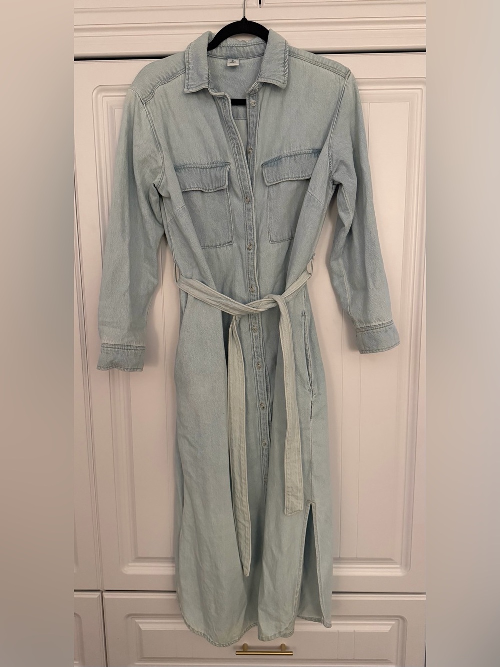 H&M Light Wash Denim Shirt Dress 100% Cotton Belted Midi Maxi Large